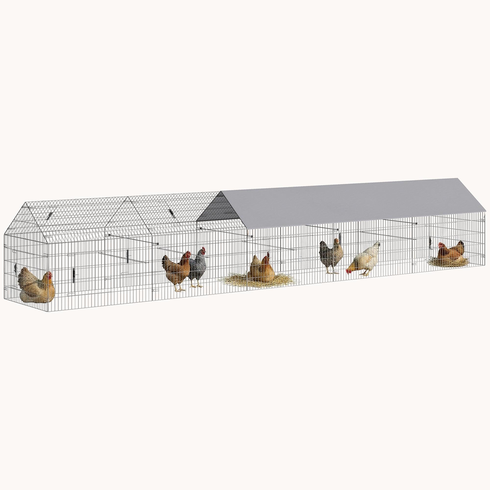 Metal Chicken Run with Cover and 10 Doors for 7-9 Hens, Grey