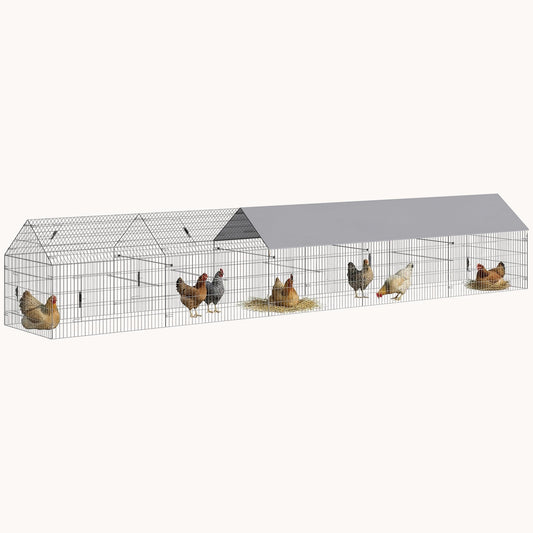 Metal Chicken Run with Cover and 10 Doors for 7-9 Hens, Grey