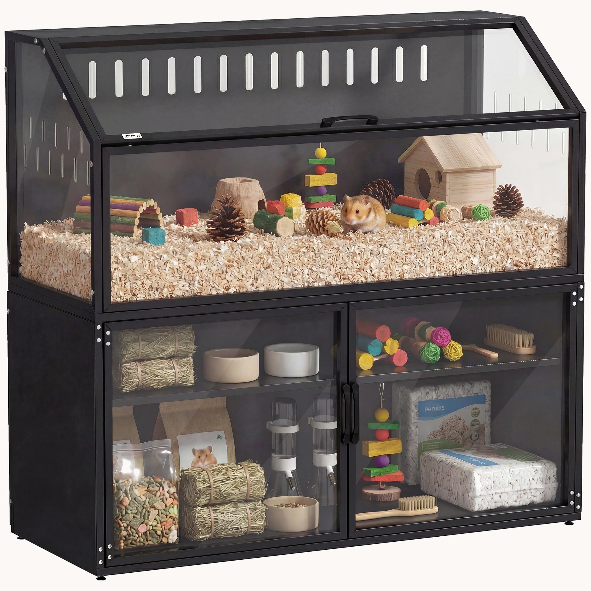 Hamster Cage with Storage Cabinet, Acrylic Panels & Openable Top, Black