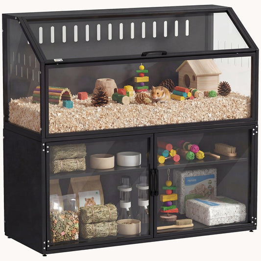 Hamster Cage with Storage Cabinet, Acrylic Panels & Openable Top, Black