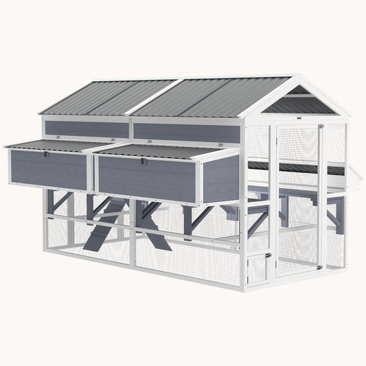 Large Chicken Run with 2 Nesting Boxes, Feeders & Waterproof Roof, Grey