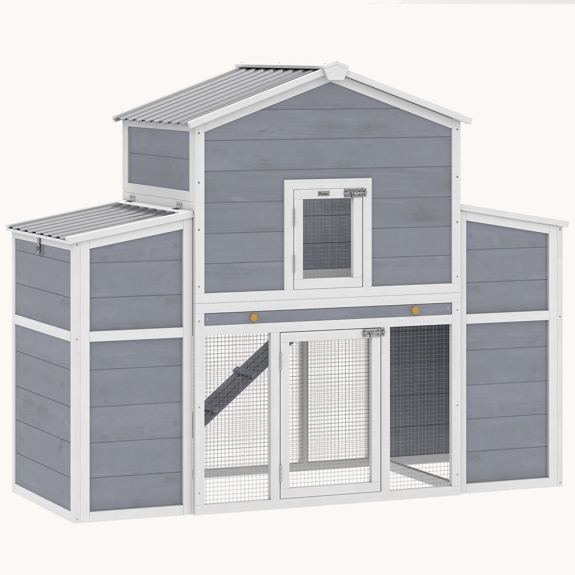 Large Chicken Coop with Run, 2 Nesting Boxes, Tray & Ramp, Grey