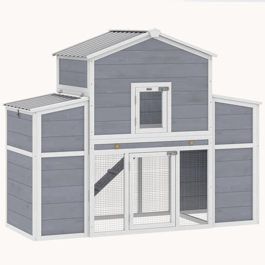 Large Chicken Coop with Run, 2 Nesting Boxes, Tray & Ramp, Grey