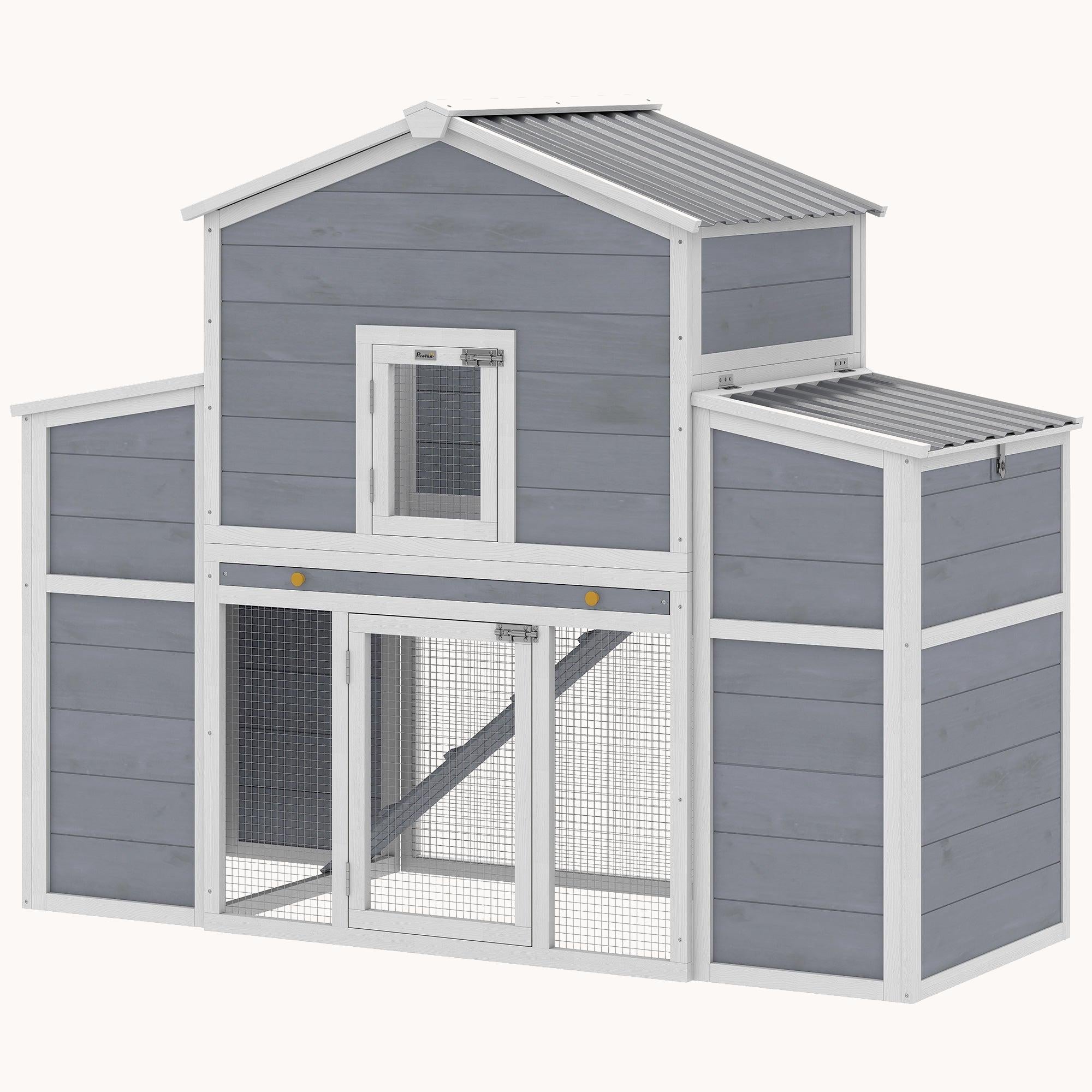 Large Chicken Coop with Run, 2 Nesting Boxes, Tray & Ramp, Grey