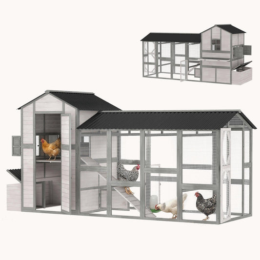 147" Extra Large Wooden Chicken Coop with Run Nesting Box & Pull-Out Tray Gray