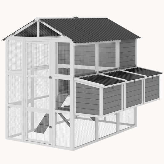 77" Large Wooden Chicken Coop with Run for 6-8 Chickens 3 Nesting Boxes Gray
