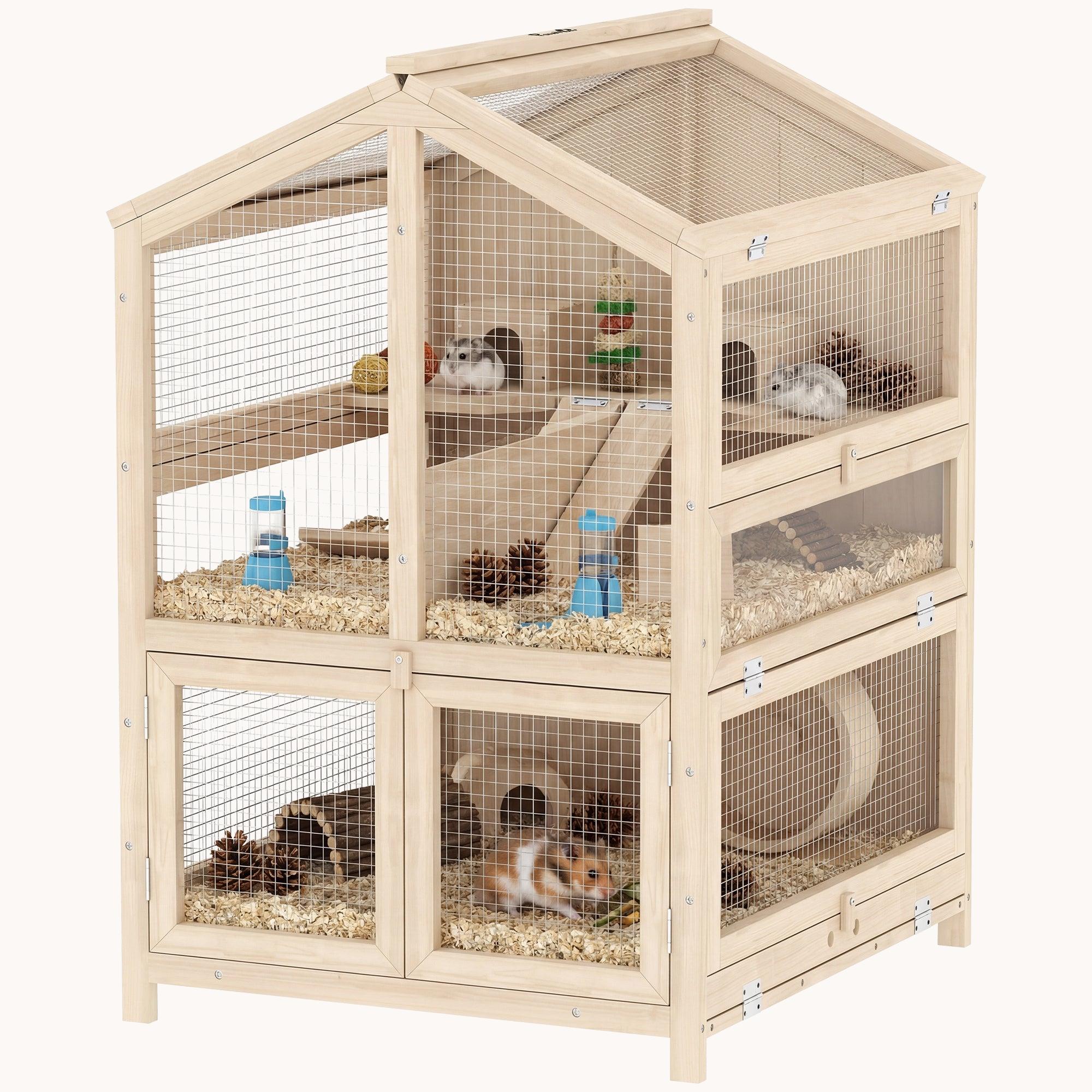 3-Tier Wooden Hamster Cage with Divider, Tray, Ramps & Huts, Natural