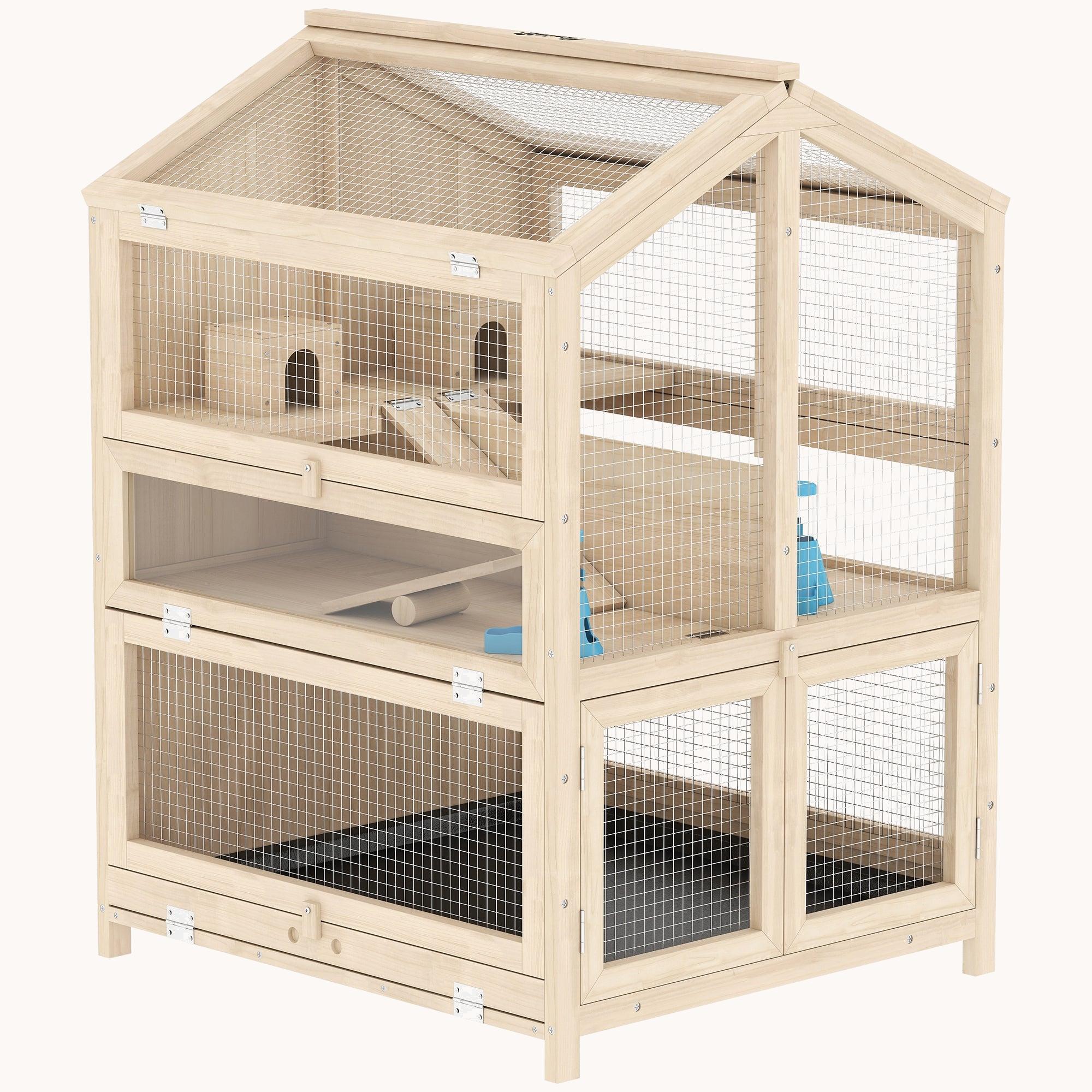 3-Tier Wooden Hamster Cage with Divider, Tray, Ramps & Huts, Natural