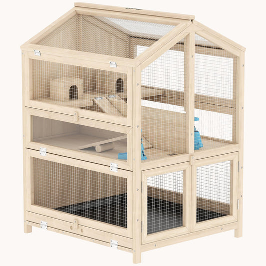 3-Tier Wooden Hamster Cage with Divider, Tray, Ramps & Huts, Natural