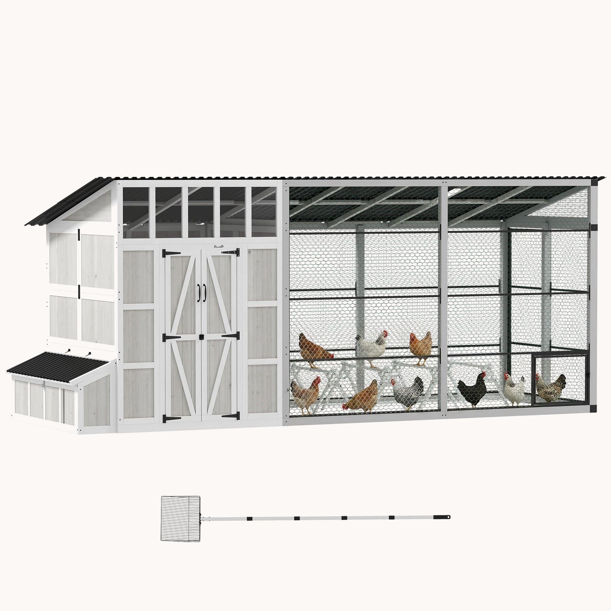 212" Walk-in Chicken Coop for 10-15 Hens with Run & Nesting Box Light Gray