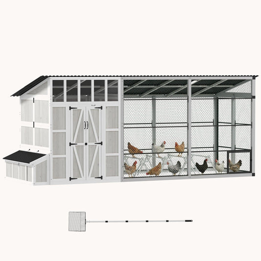212" Walk-in Chicken Coop for 10-15 Hens with Run & Nesting Box Light Gray