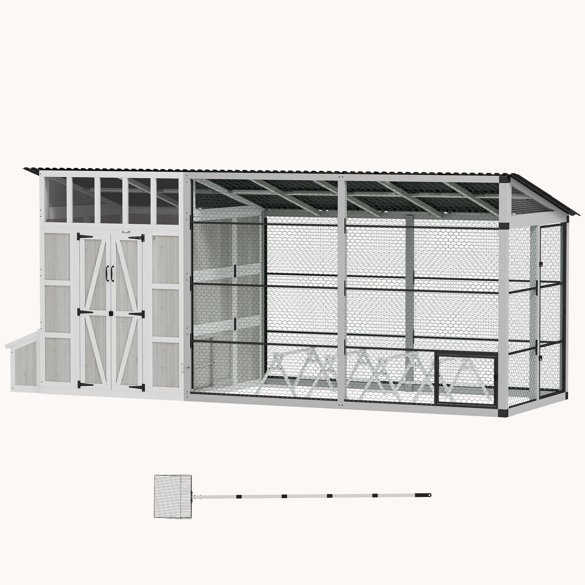 212" Walk-in Chicken Coop for 10-15 Hens with Run & Nesting Box Light Gray