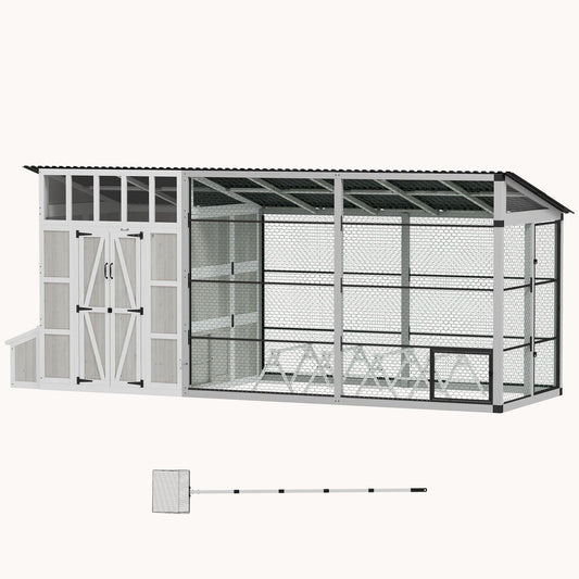 212" Walk-in Chicken Coop for 10-15 Hens with Run & Nesting Box Light Gray