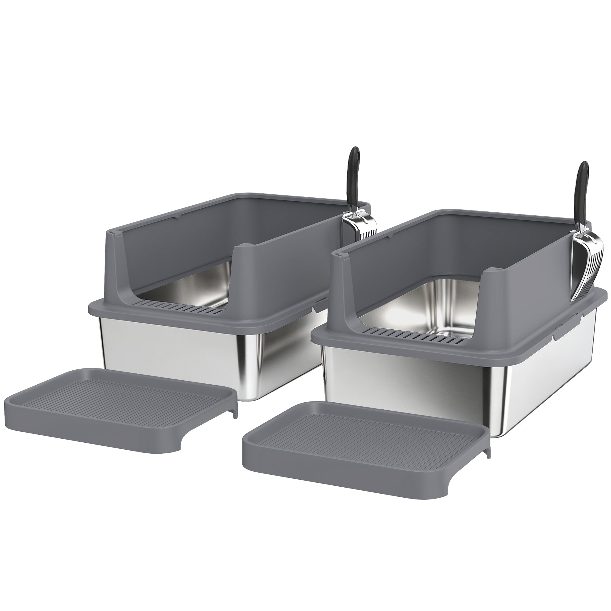2 Pack XL Stainless Steel Litter Box, Extra Large Metal Cat Litter Box High Sided for Big and Multiple Cats, Semi-Enclosed with Tracking Step, Stainless Steel Scoops, Anti-Urine Leakage