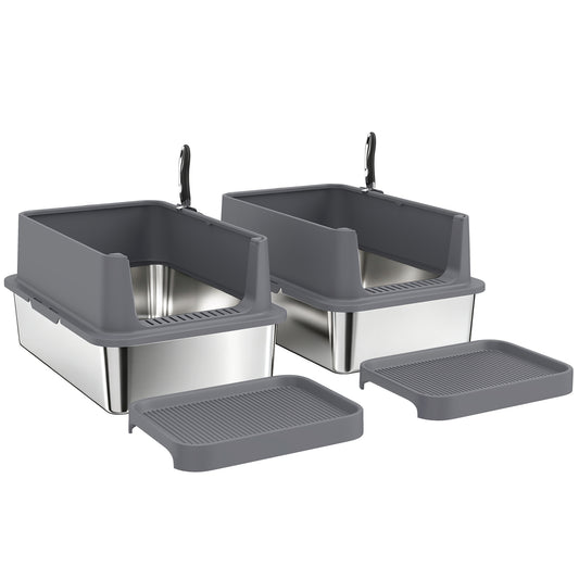 2 Pack XL Stainless Steel Litter Box, Extra Large Metal Cat Litter Box High Sided for Big and Multiple Cats, Semi-Enclosed with Tracking Step, Stainless Steel Scoops, Anti-Urine Leakage