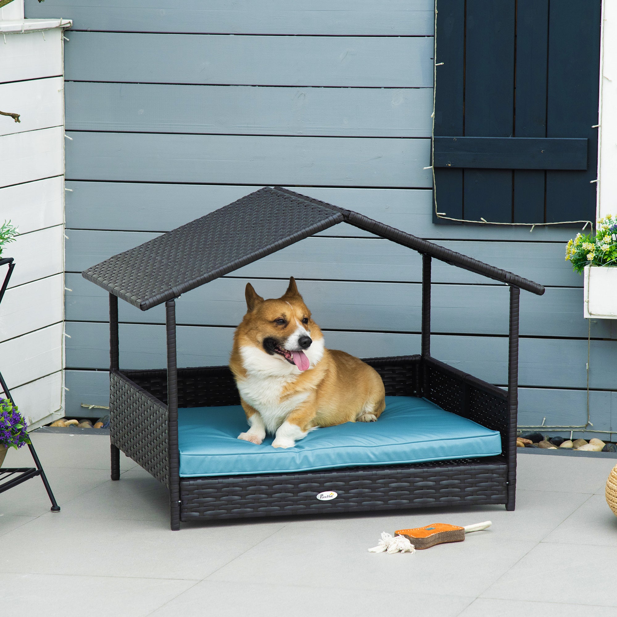 Elevated Rattan Dog House Outdoor with Canopy, Wicker Dog Bed with Water-Resistant Cushion, for Small and Medium Dogs Blue