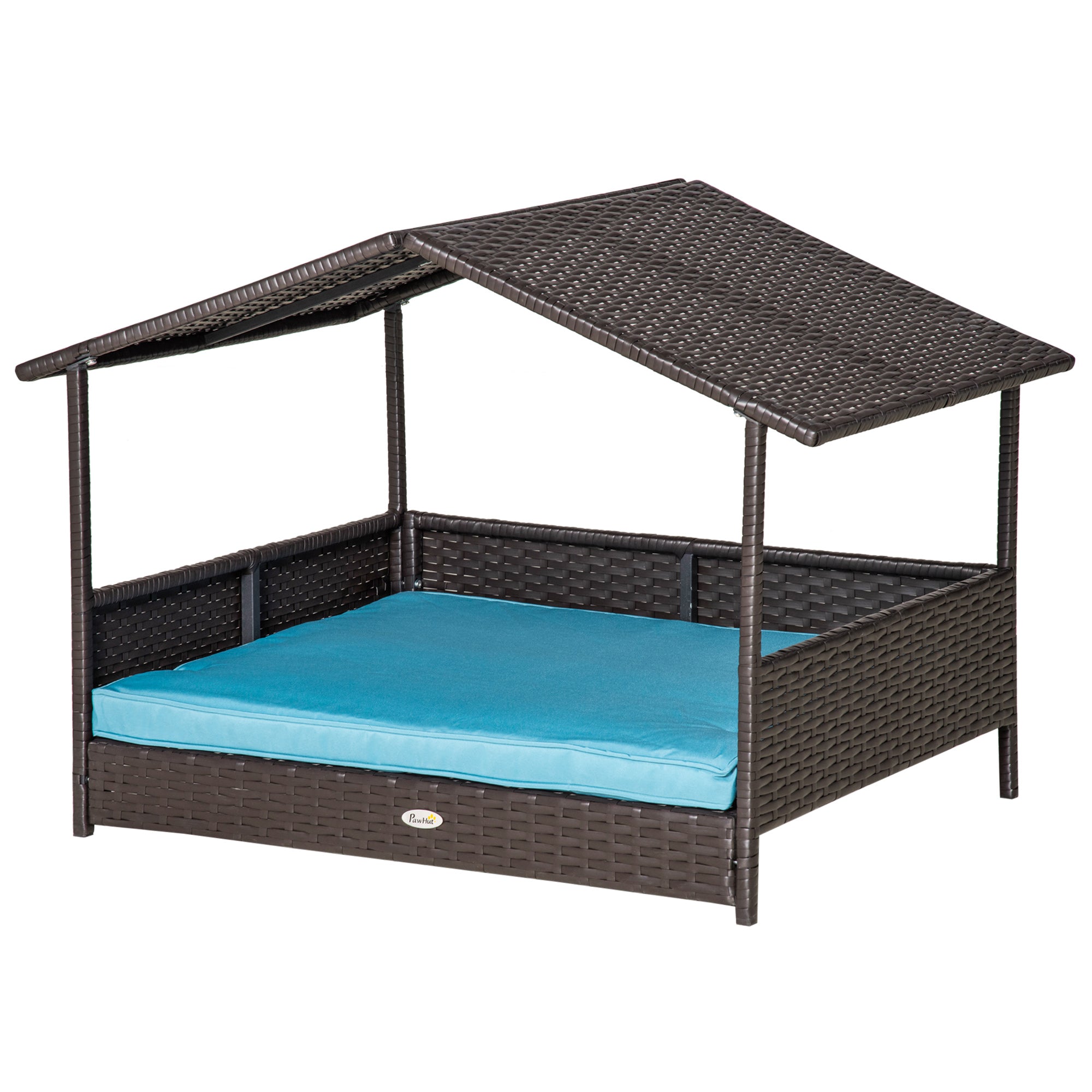 Elevated Rattan Dog House Outdoor with Canopy, Wicker Dog Bed with Water-Resistant Cushion, for Small and Medium Dogs Blue