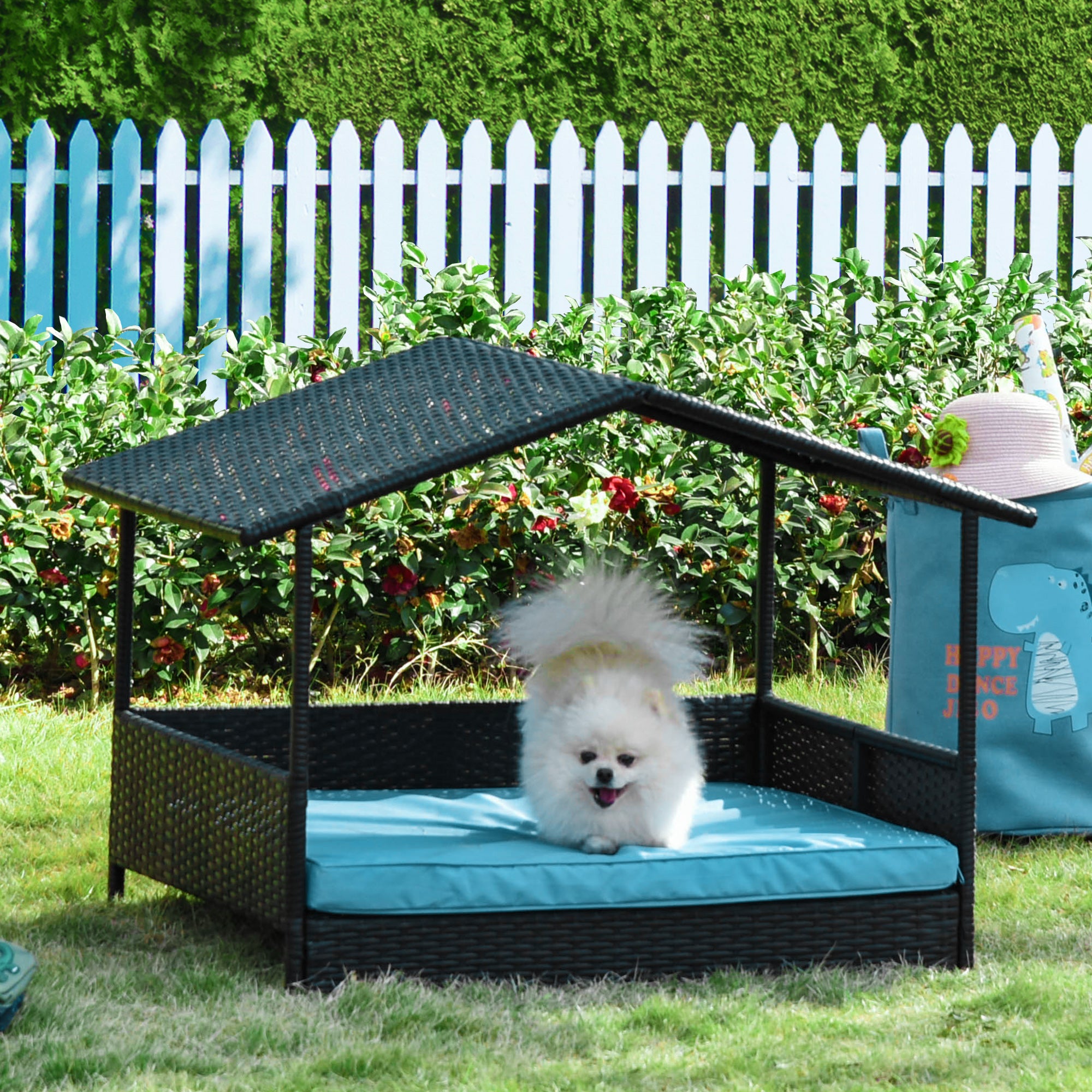 Elevated Rattan Dog House Outdoor with Canopy, Wicker Dog Bed with Water-Resistant Cushion, for Small and Medium Dogs Blue
