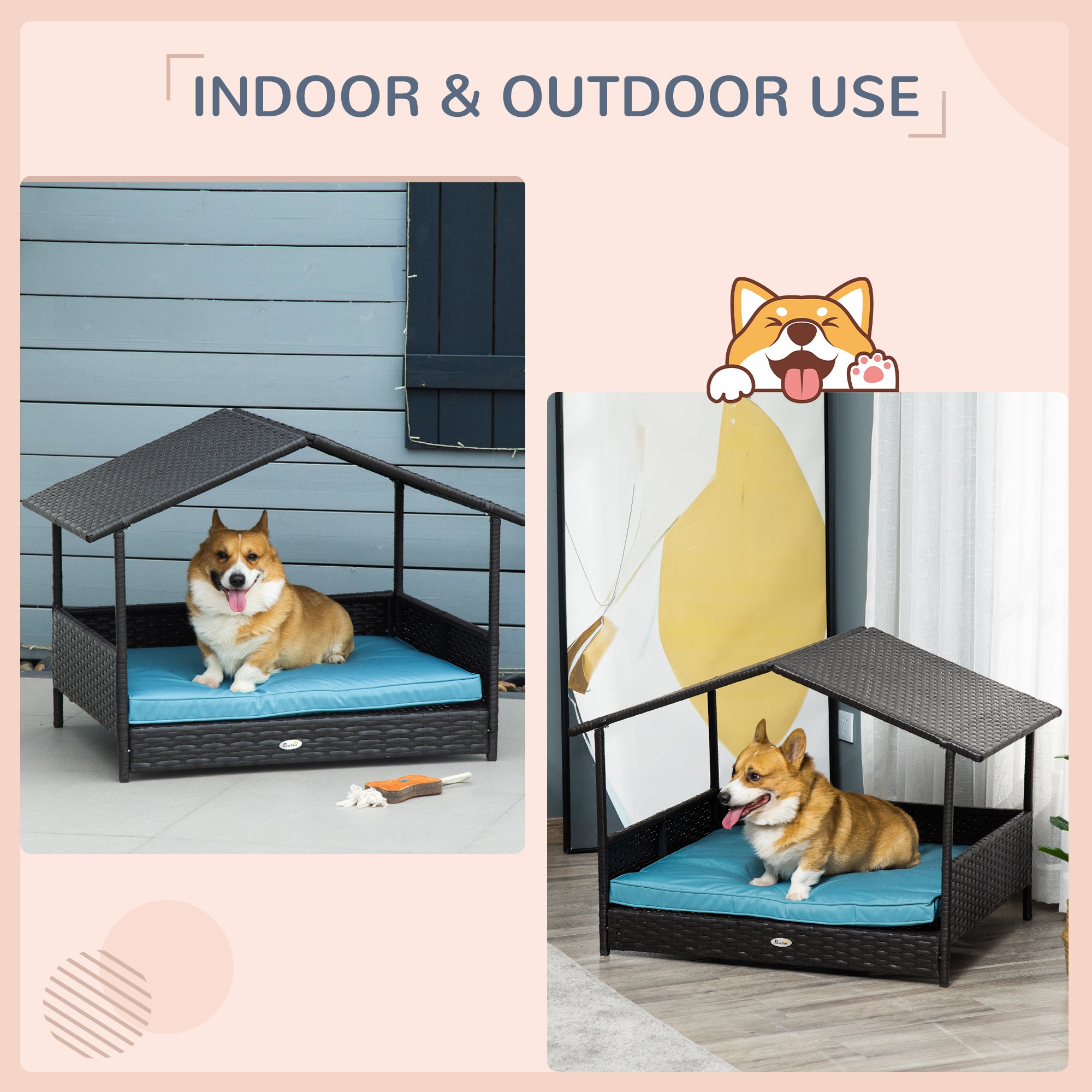 Elevated Rattan Dog House Outdoor with Canopy, Wicker Dog Bed with Water-Resistant Cushion, for Small and Medium Dogs Blue