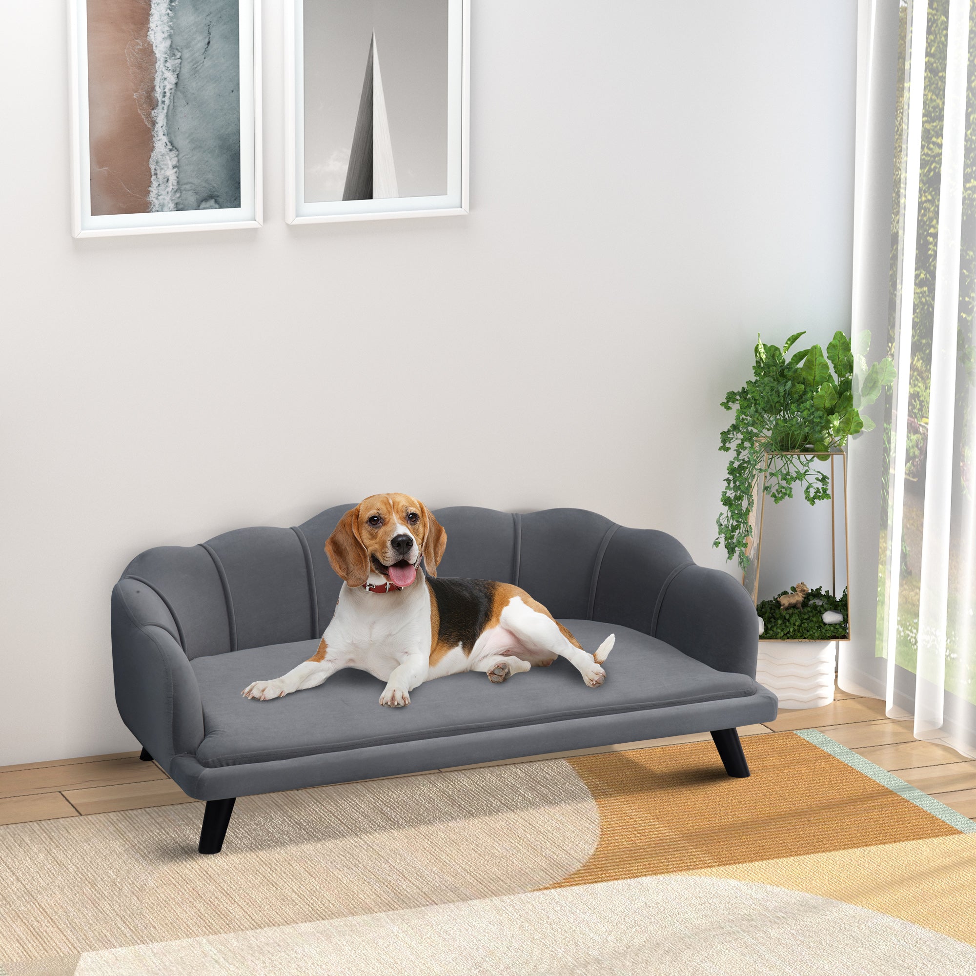 Dog Sofa for Medium, Large Dogs, Shell Shaped Pet Couch Bed w/ Legs, Cushion, Washable Cover - Grey
