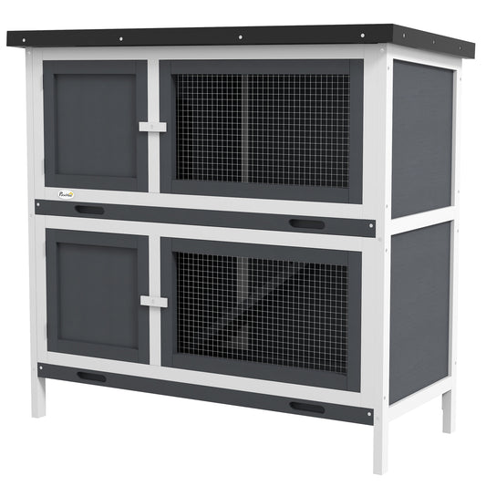 Solid Wood Rabbit/Bunny Hutch with 2 Large Main Rooms, Protection from UV Rays and Water, and Firm Cage, Grey