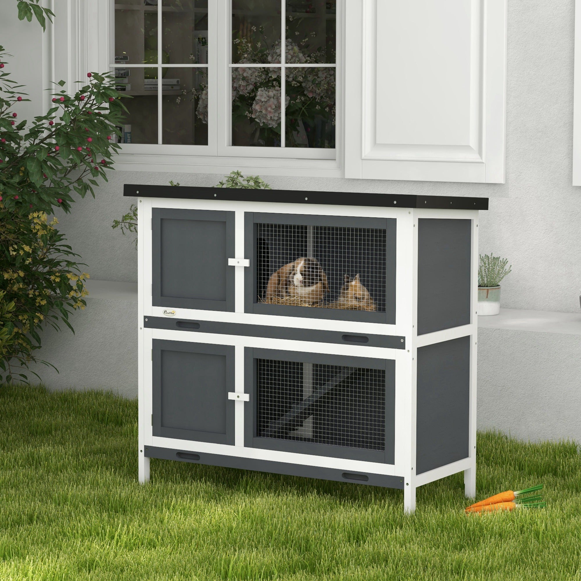 Solid Wood Rabbit/Bunny Hutch with 2 Large Main Rooms, Protection from UV Rays and Water, and Firm Cage, Grey