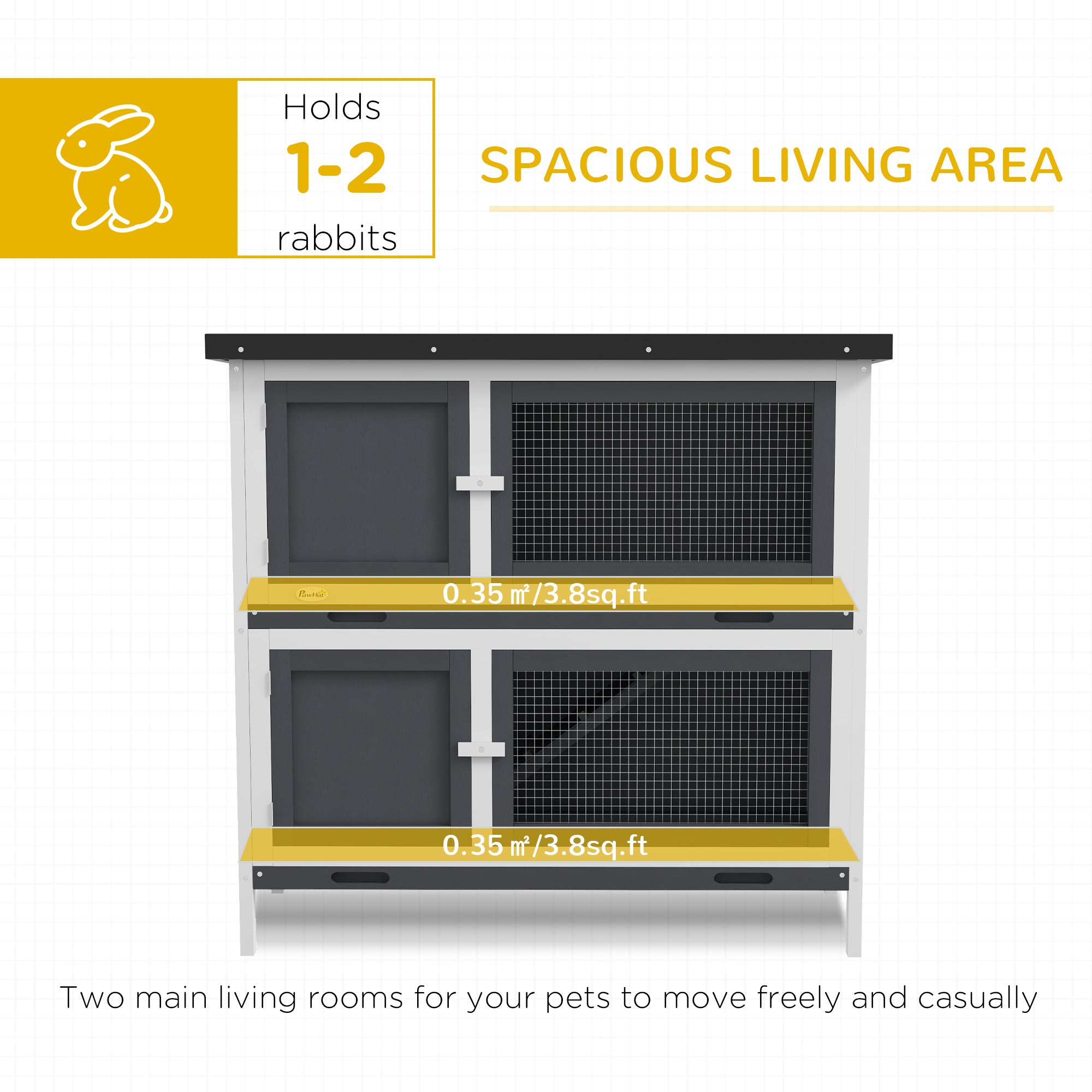 Solid Wood Rabbit/Bunny Hutch with 2 Large Main Rooms, Protection from UV Rays and Water, and Firm Cage, Grey