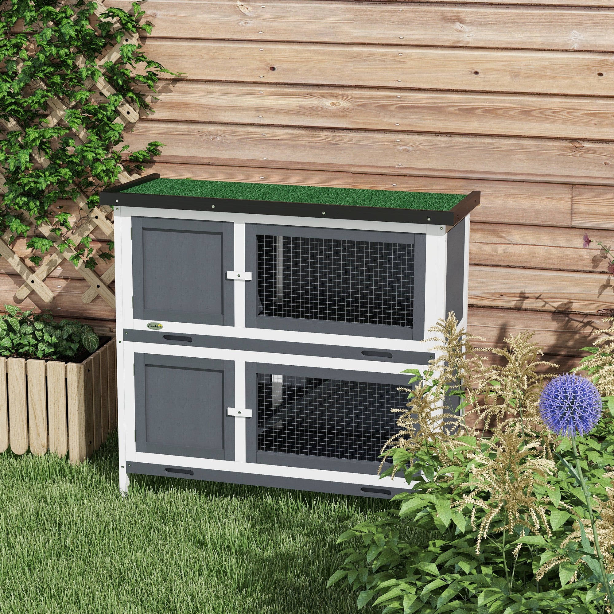 Solid Wood Rabbit/Bunny Hutch with 2 Large Main Rooms, Protection from UV Rays and Water, and Firm Cage, Grey