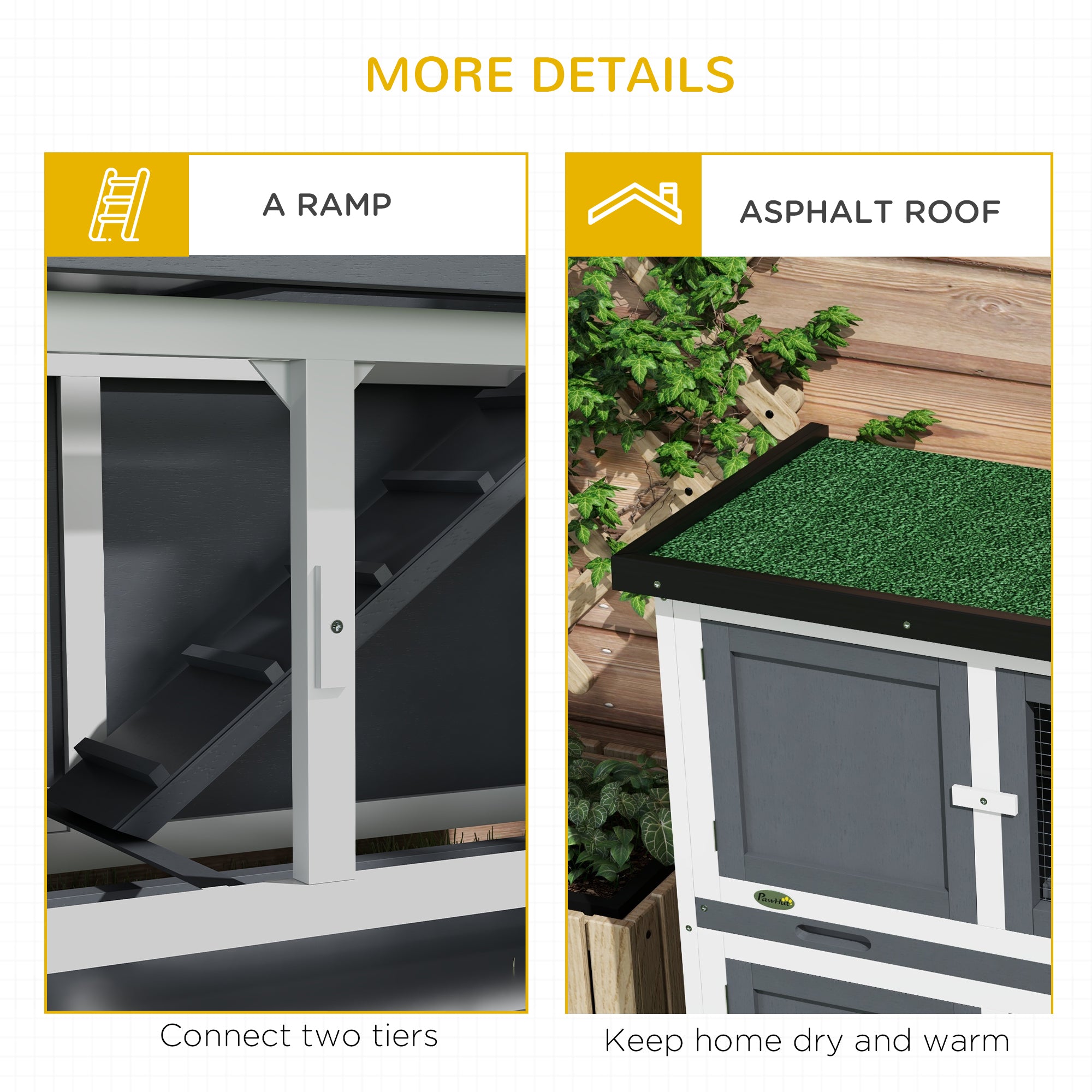 Solid Wood Rabbit/Bunny Hutch with 2 Large Main Rooms, Protection from UV Rays and Water, and Firm Cage, Grey