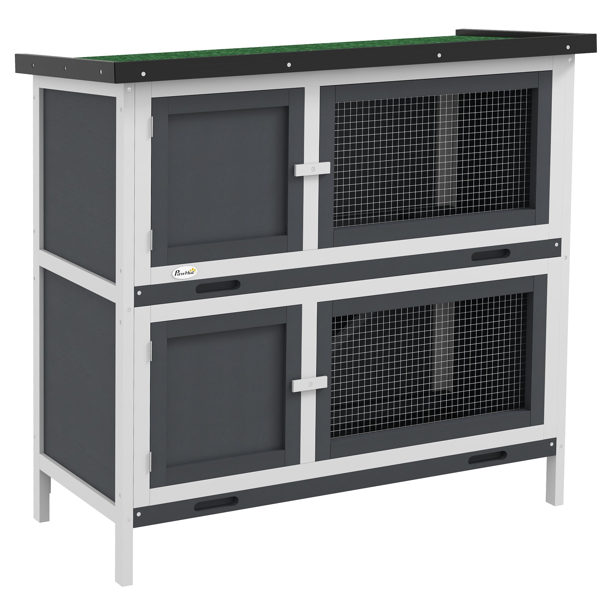 Solid Wood Rabbit/Bunny Hutch with 2 Large Main Rooms, Protection from UV Rays and Water, and Firm Cage, Grey