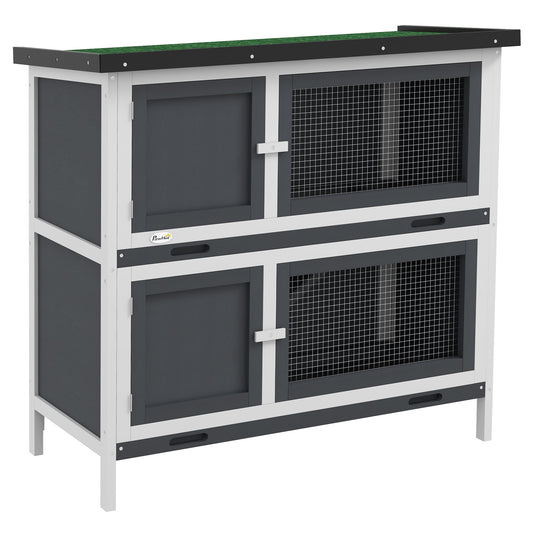 Solid Wood Rabbit/Bunny Hutch with 2 Large Main Rooms, Protection from UV Rays and Water, and Firm Cage, Grey