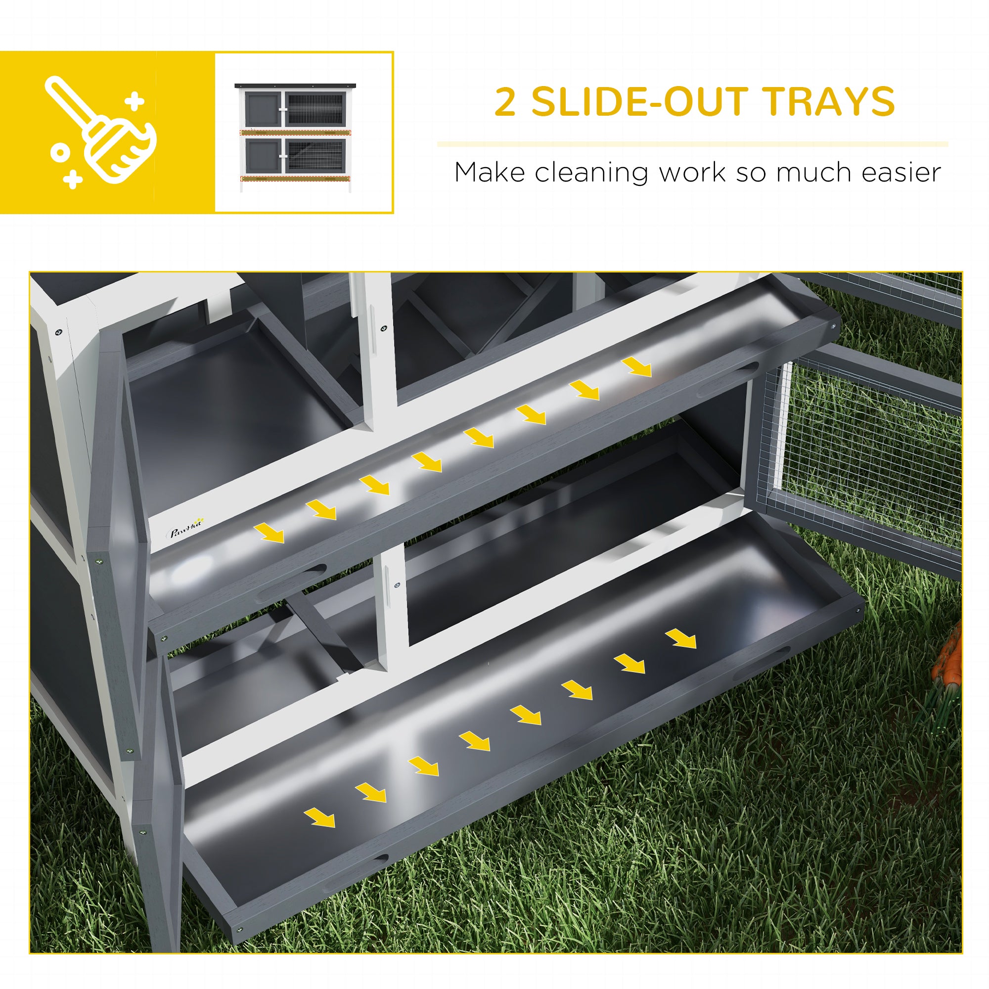 Solid Wood Rabbit/Bunny Hutch with 2 Large Main Rooms, Protection from UV Rays and Water, and Firm Cage, Grey