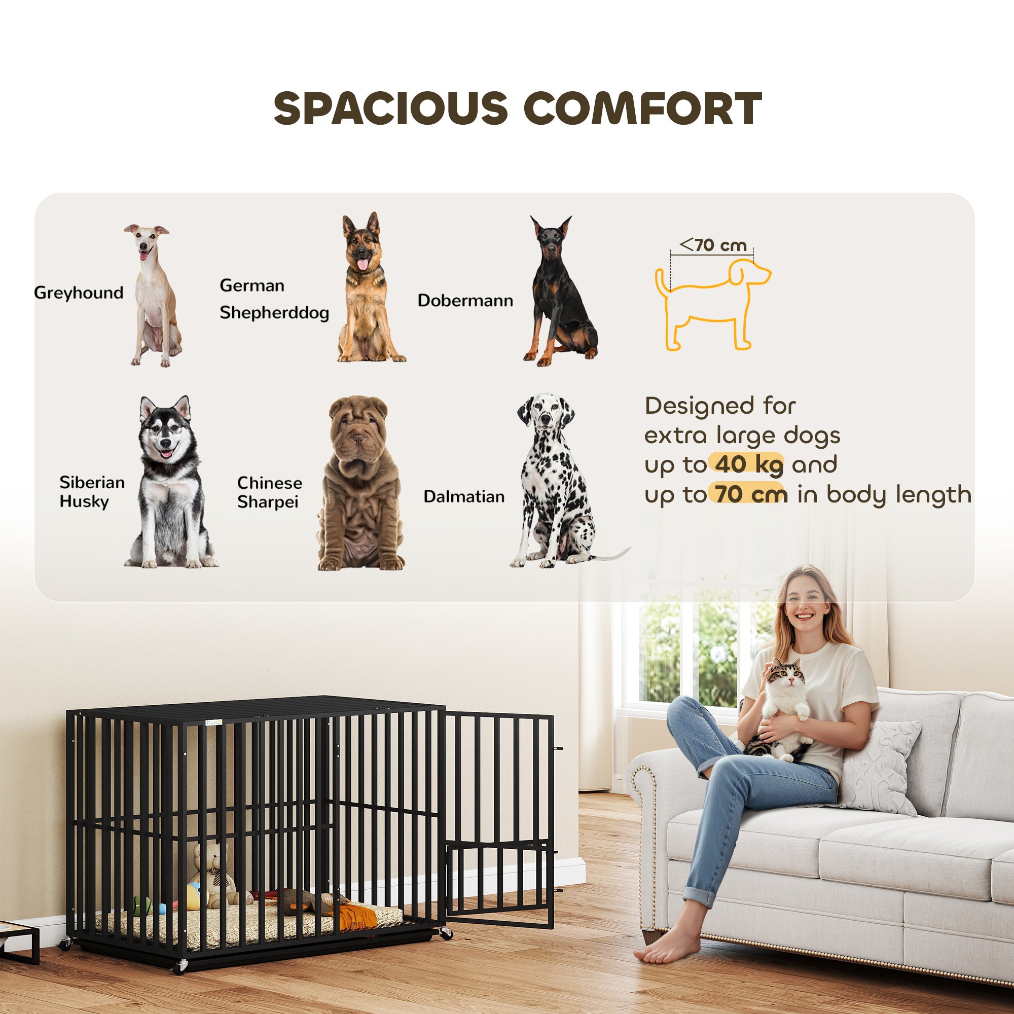 Heavy Duty Dog Crate, Dog Cage with Wheels for Extra Large Breeds, Metal Pet Crate with Removable Tray and 3 Doors for Indoor & Outdoor, 107 x 69 x 81 cm, Black