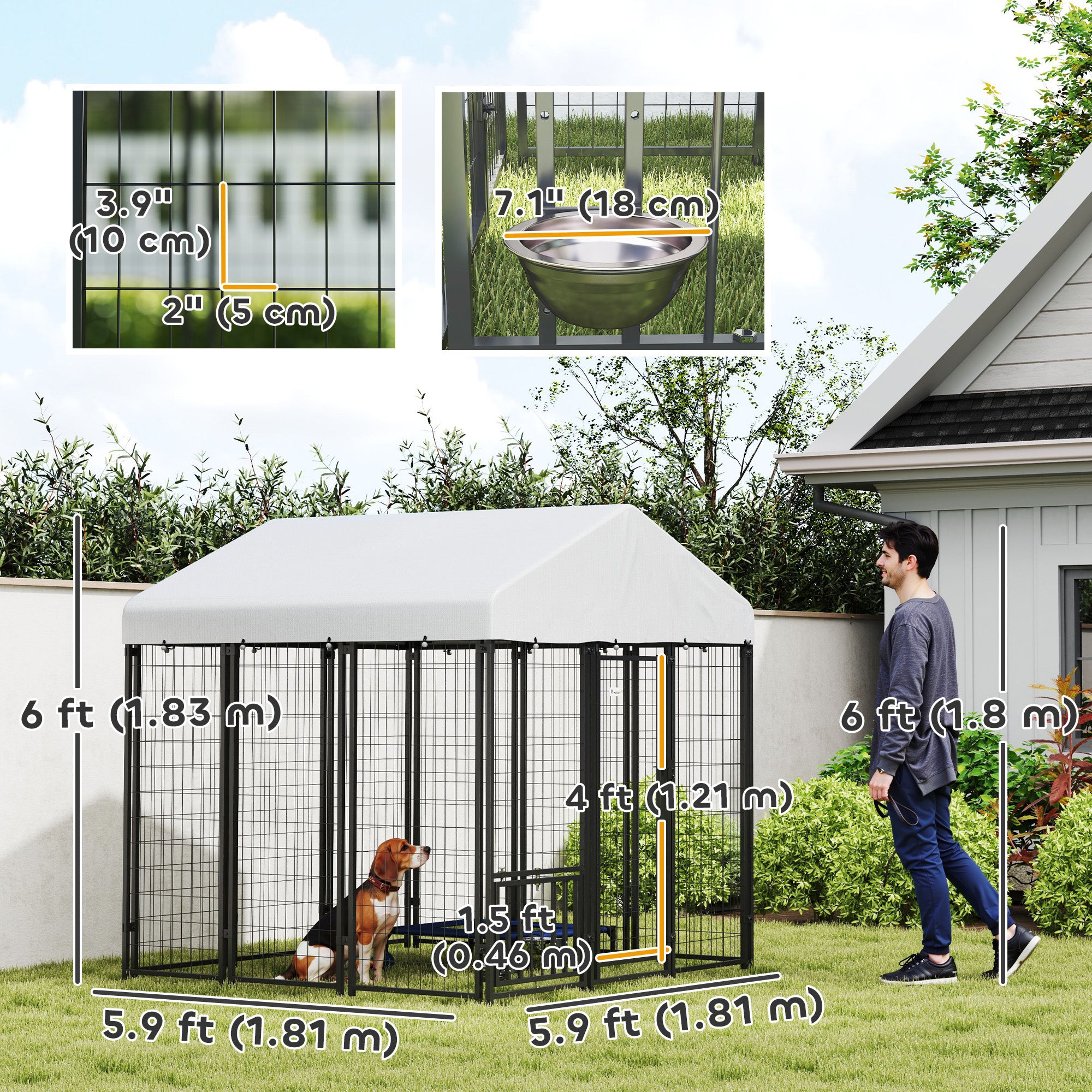 6' x 6' x 6' Outdoor Dog Kennel, Lockable Dog Run Crate with Rotating & Adjustable Bowls, Waterproof UV-Resistant Cover, Welded Wire Steel Fence for Large Dogs, Silver