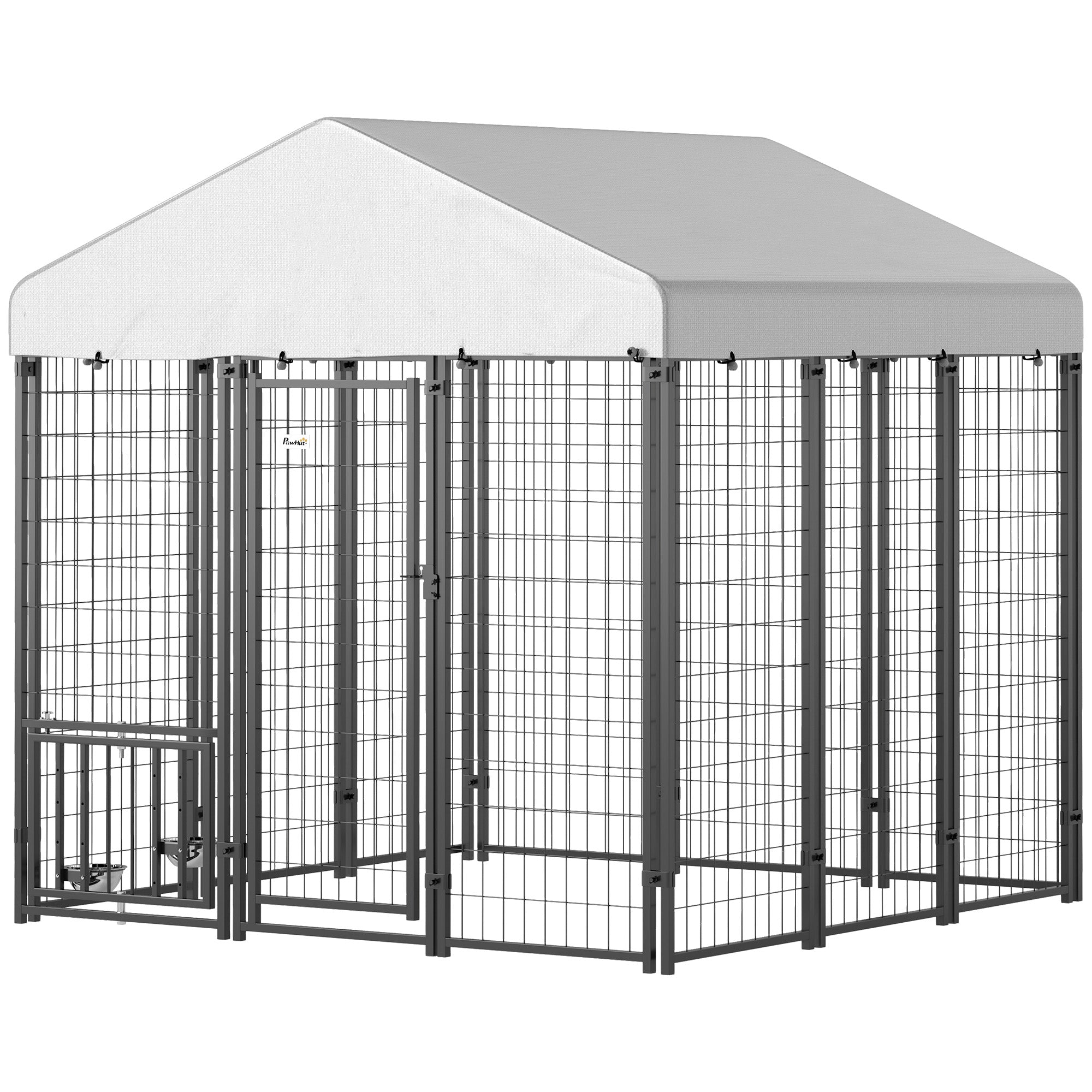 6' x 6' x 6' Outdoor Dog Kennel, Lockable Dog Run Crate with Rotating & Adjustable Bowls, Waterproof UV-Resistant Cover, Welded Wire Steel Fence for Large Dogs, Silver