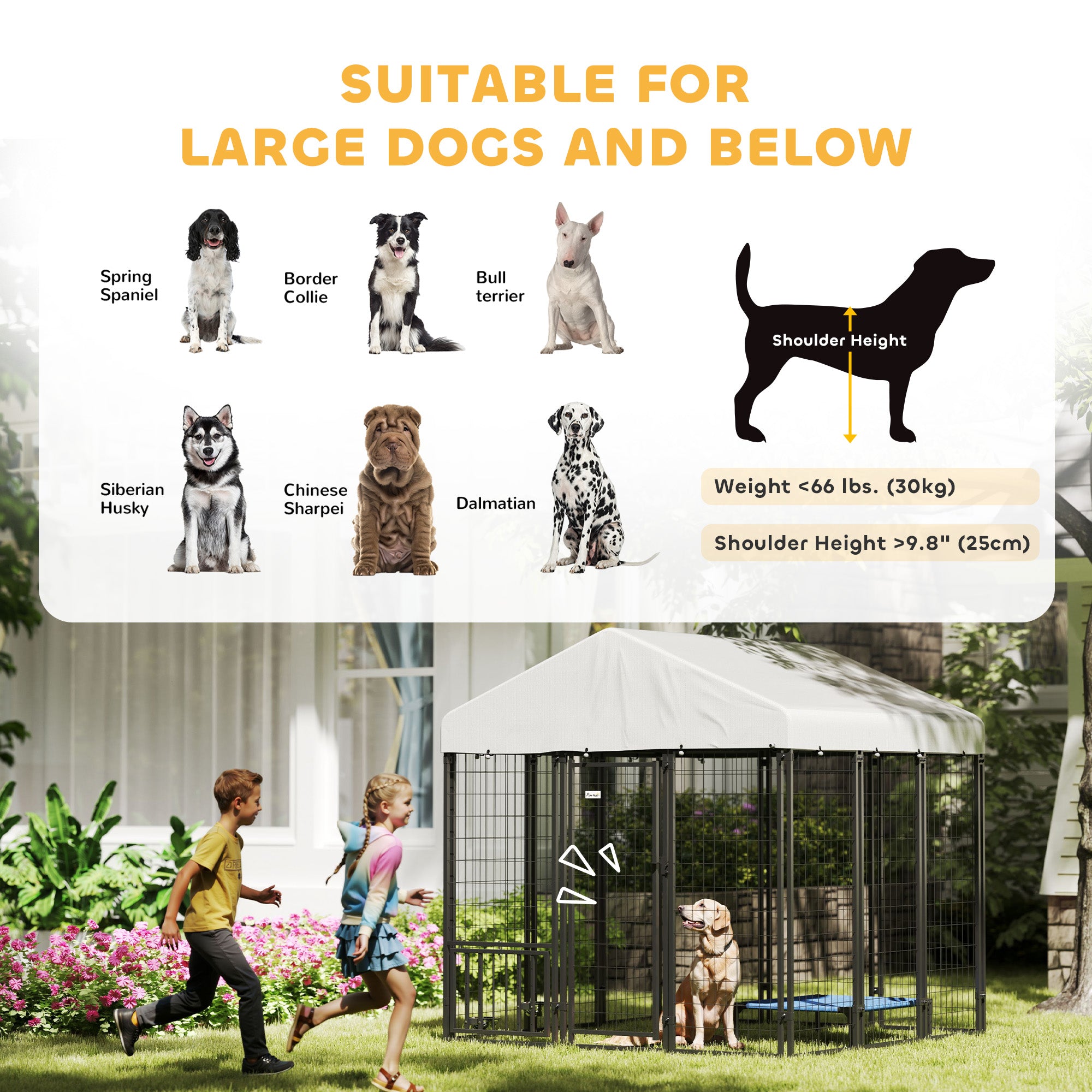 PawHut Outdoor Dog Kennel with UV-Resistant Waterproof Roof, 5.9' x 5.9' x 6' Heavy Duty Welded Wire Dog Playpen Fence with Escape-Proof Lock, Rotating & 4-Level Adjustable Feeding Bowls