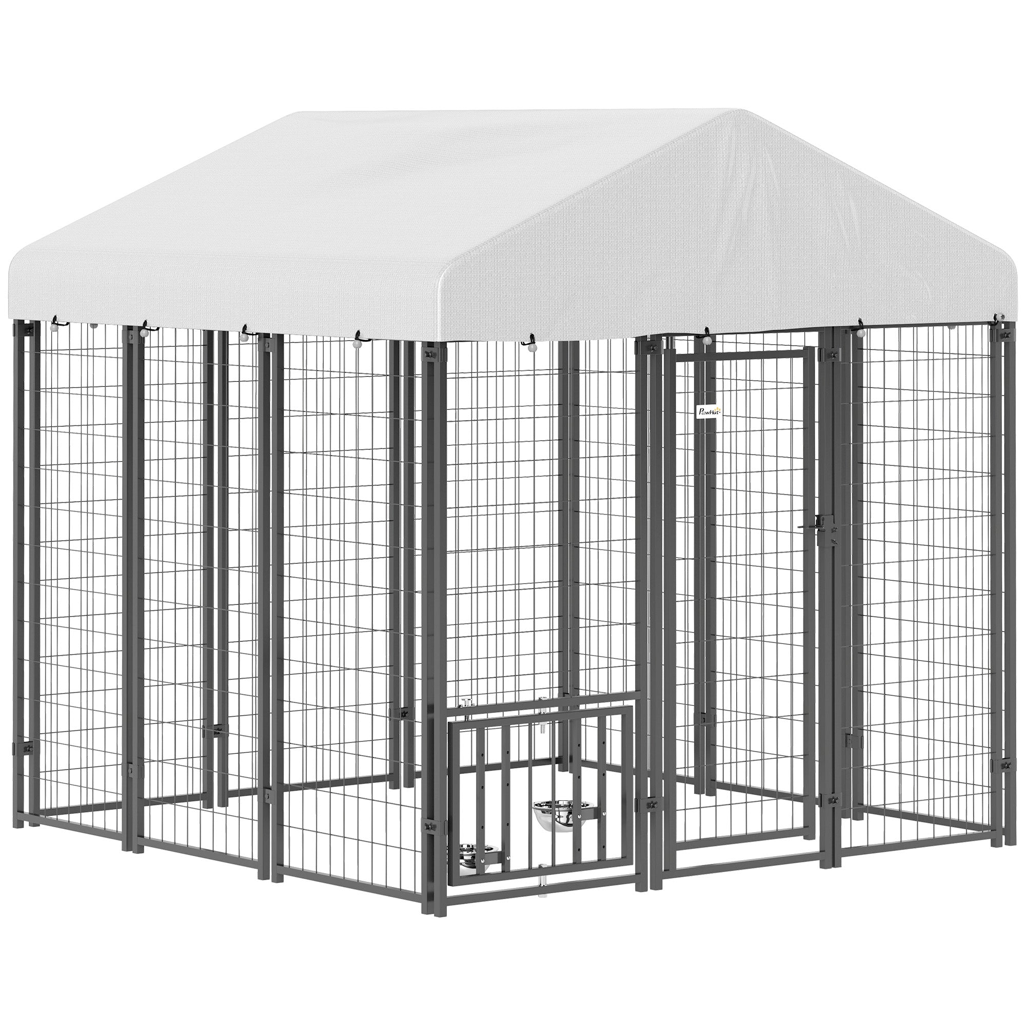 6' x 6' x 6' Outdoor Dog Kennel, Lockable Dog Run Crate with Rotating & Adjustable Bowls, Waterproof UV-Resistant Cover, Welded Wire Steel Fence for Large Dogs, Silver