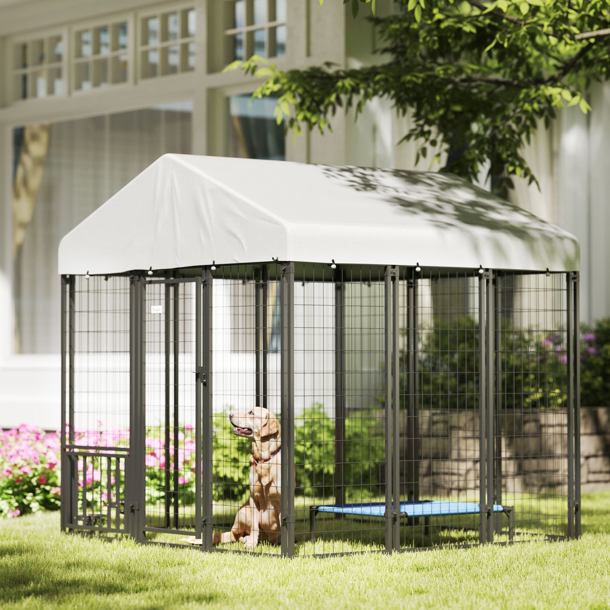 6' x 6' x 6' Outdoor Dog Kennel, Lockable Dog Run Crate with Rotating & Adjustable Bowls, Waterproof UV-Resistant Cover, Welded Wire Steel Fence for Large Dogs, Silver