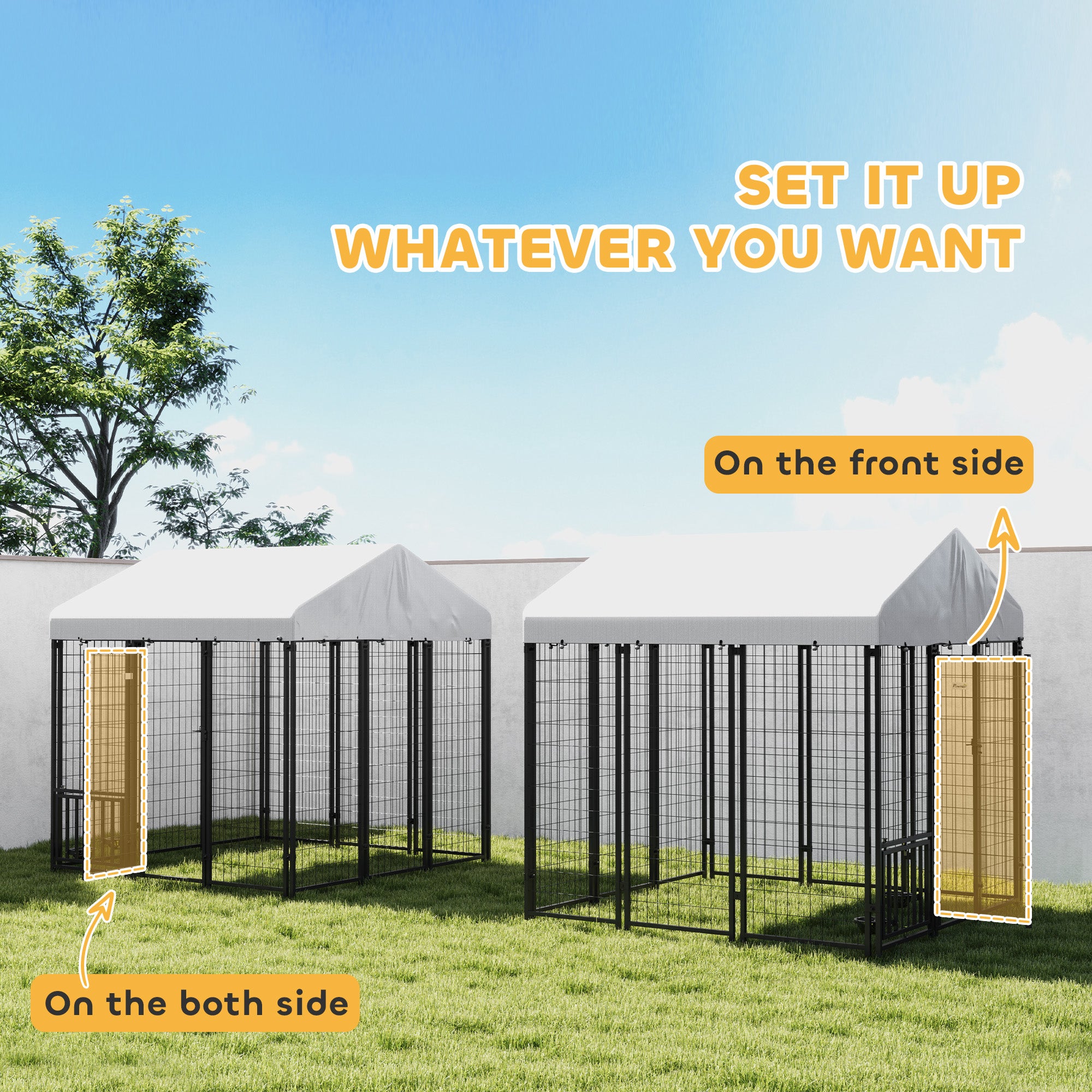 6' x 6' x 6' Outdoor Dog Kennel, Lockable Dog Run Crate with Rotating & Adjustable Bowls, Waterproof UV-Resistant Cover, Welded Wire Steel Fence for Large Dogs, Silver