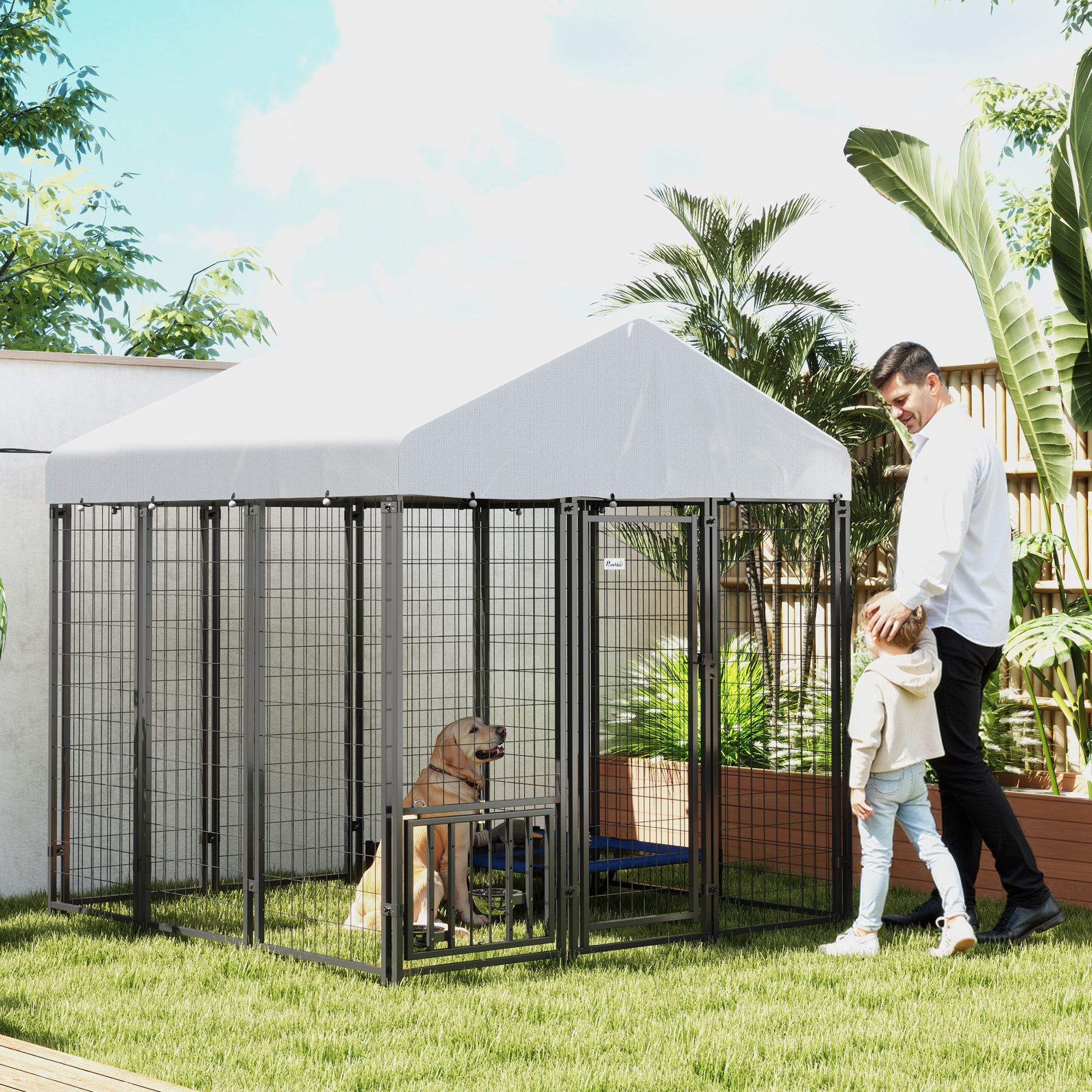 6' x 6' x 6' Outdoor Dog Kennel, Lockable Dog Run Crate with Rotating & Adjustable Bowls, Waterproof UV-Resistant Cover, Welded Wire Steel Fence for Large Dogs, Silver