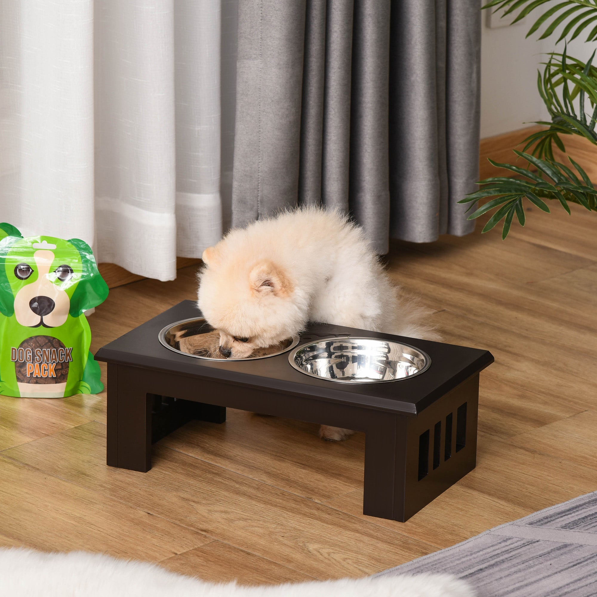 Raised Dog Bowl Feeding Bowls with Stand for Medium Dogs Elevated Pet Bowls Water Food Feeder 58L x 31W x 25H cm - Brown