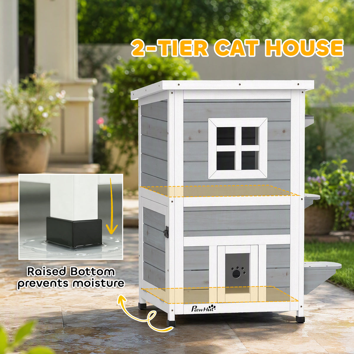 Wooden Cat House 2-Floor Outdoor Kitten Shelter with 3 Doors and Window Grey