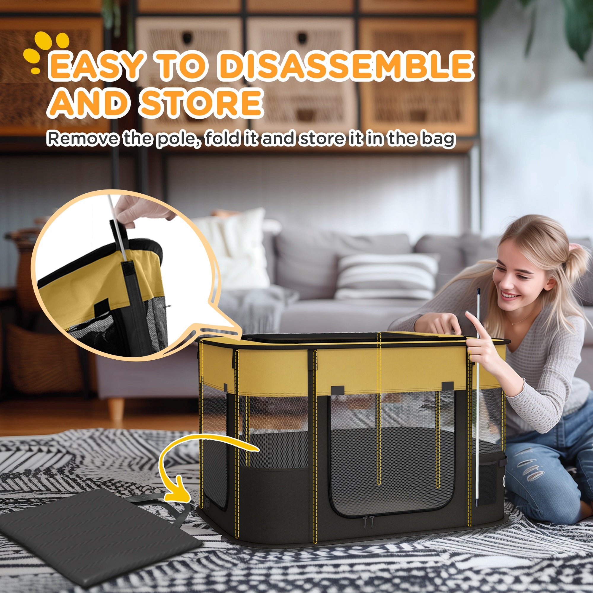 Dog Pen, Pet Playpen, Portable Foldable Dog Cat Playpen Soft Pet Cage with Storage Bag for Puppies, Rabbits, Kittens, Guinea Pigs, 84 x 64 x 53cm - Yellow