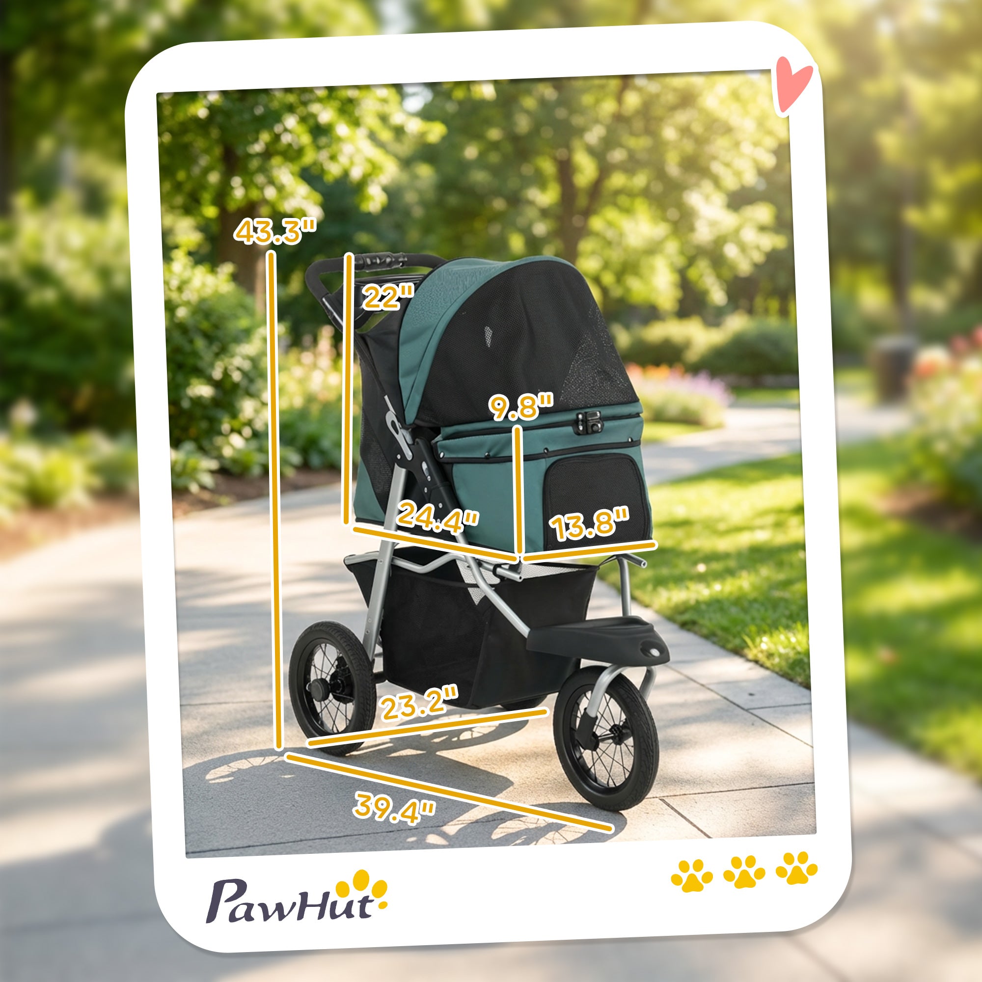 Dog Stroller for Small Dogs, 3 Wheel Foldable Pet Stroller with 12" Rubber Wheels, Mesh Window, One-Foot Brake, Storage Basket and Cup Holder, Up to 22 LBS, Dark Green