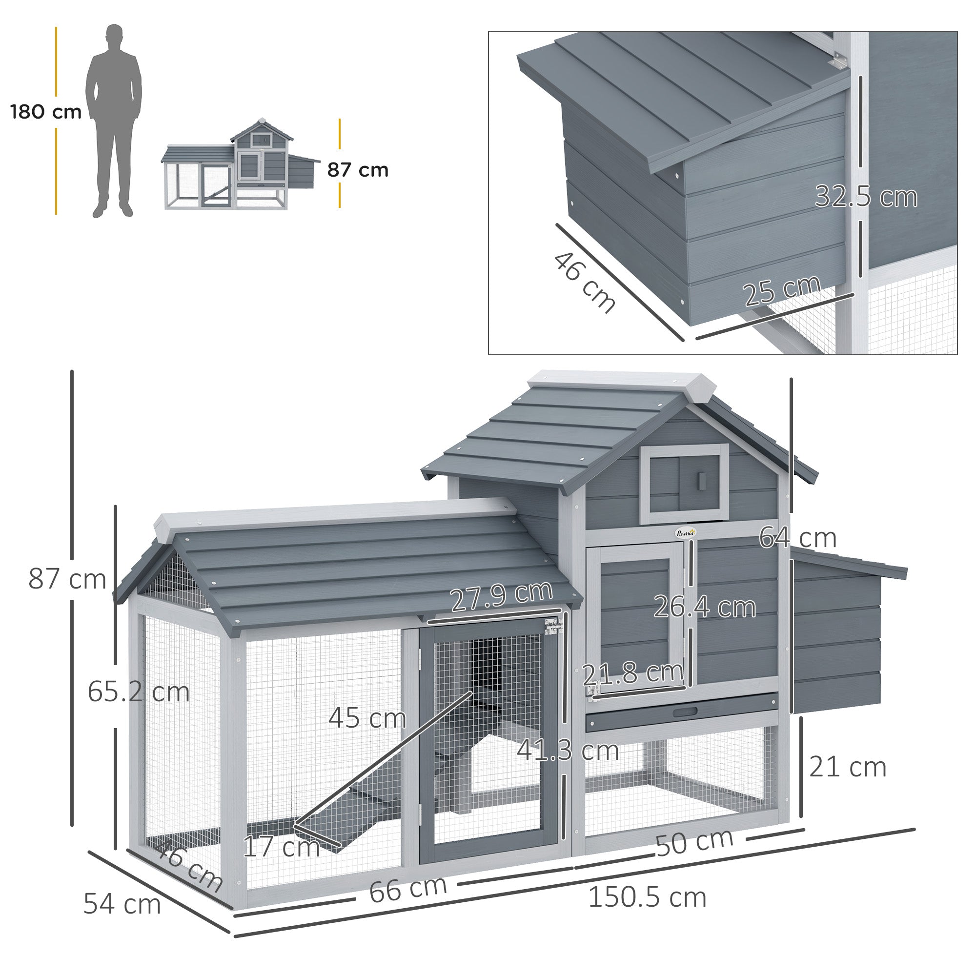 Small Chicken Coop with Run Hen House Poultry Coops Cages Nesting Box Grey 150.5 x 54 x 87cm