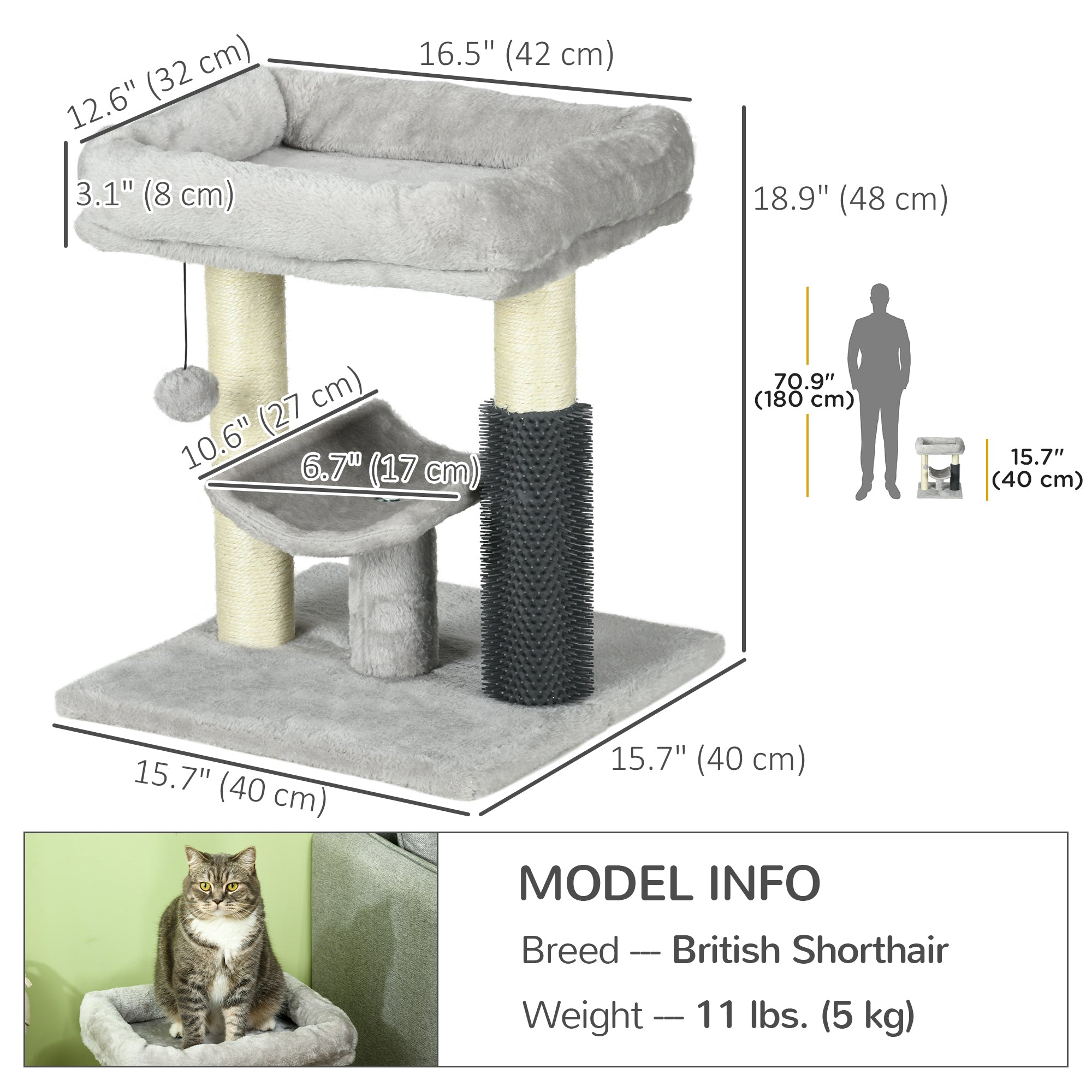 19" Cat Tree, Small Cat Tower Condo with Sisal Scratching Post, Kitten Activity Centre with Bed, Self Groomer, Perch, Dangling Ball, Grey