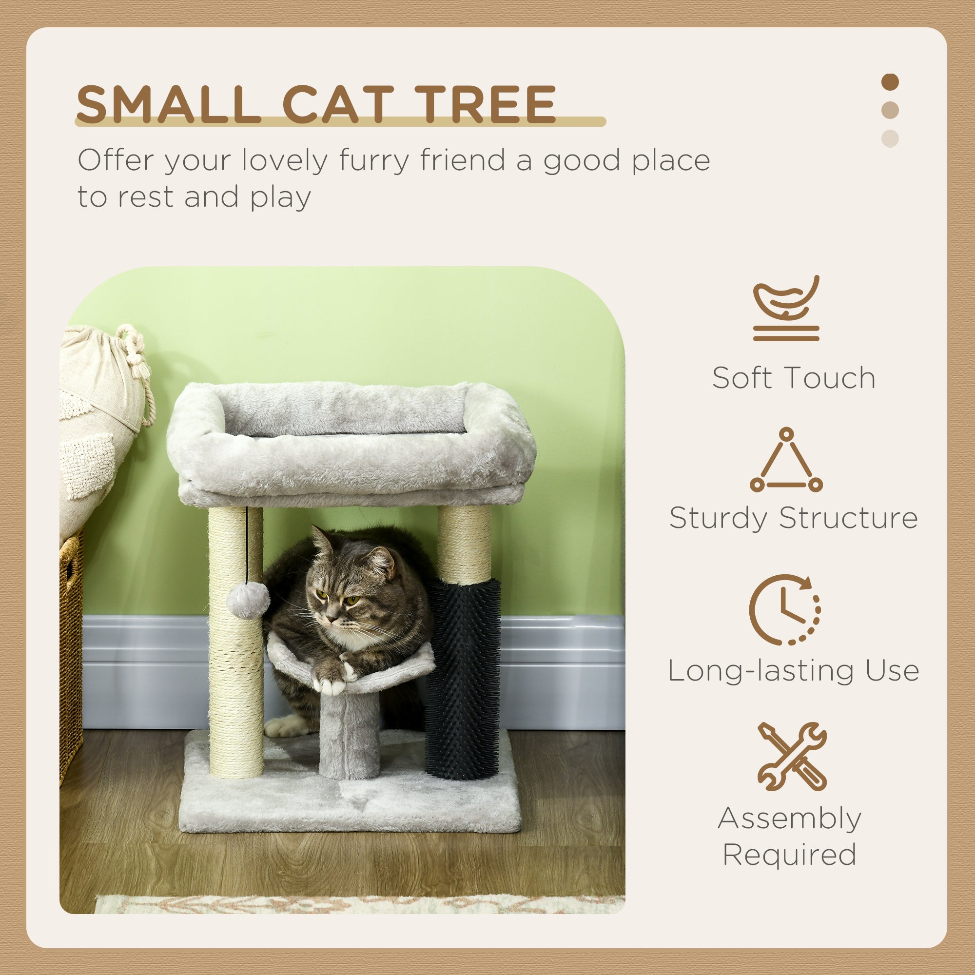 19" Cat Tree, Small Cat Tower Condo with Sisal Scratching Post, Kitten Activity Centre with Bed, Self Groomer, Perch, Dangling Ball, Grey