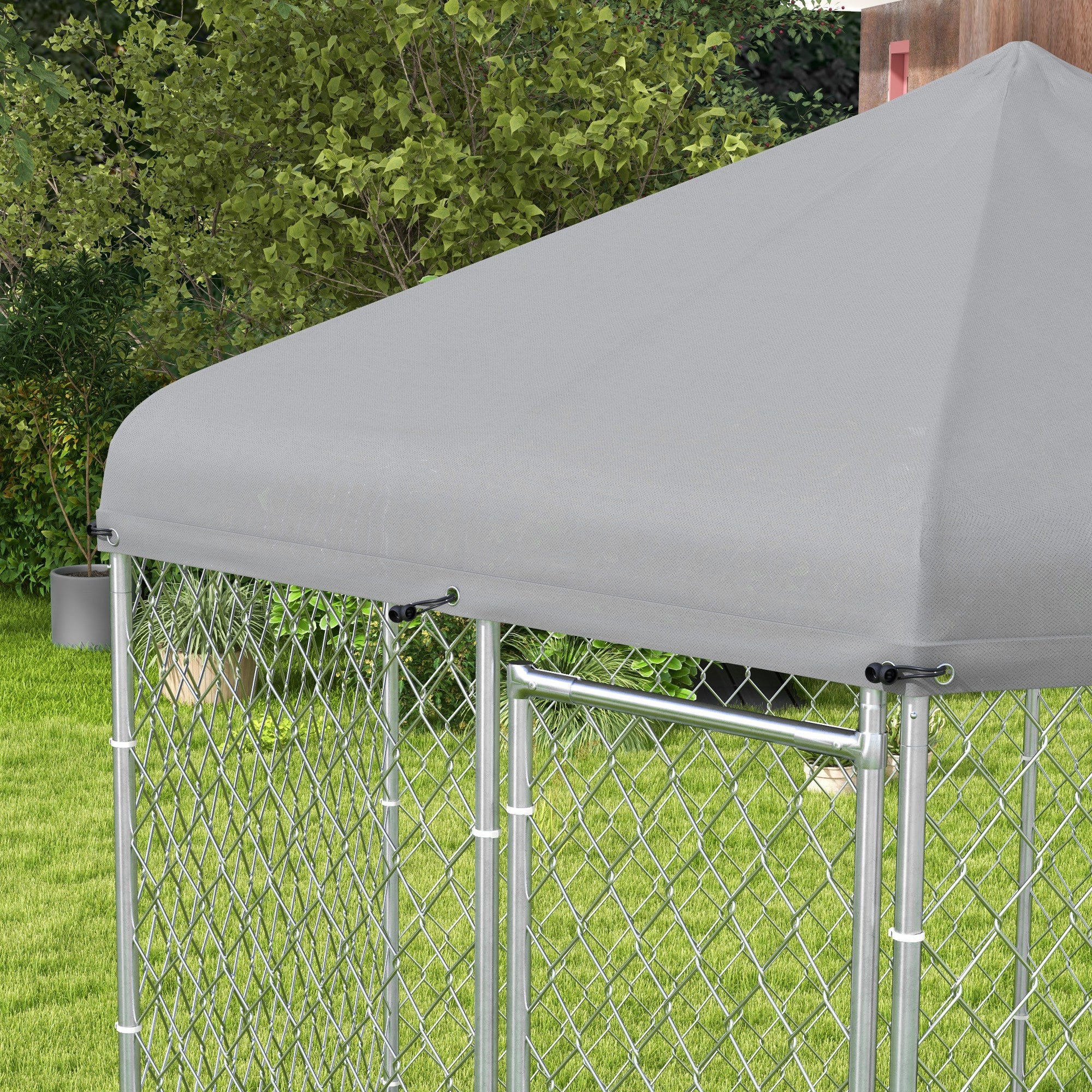 Outdoor Dog Kennel Dog Run with Waterproof, UV Resistant Cover for Medium and Large Sized Dogs, 9.2' x 8' x 7.7', Silver