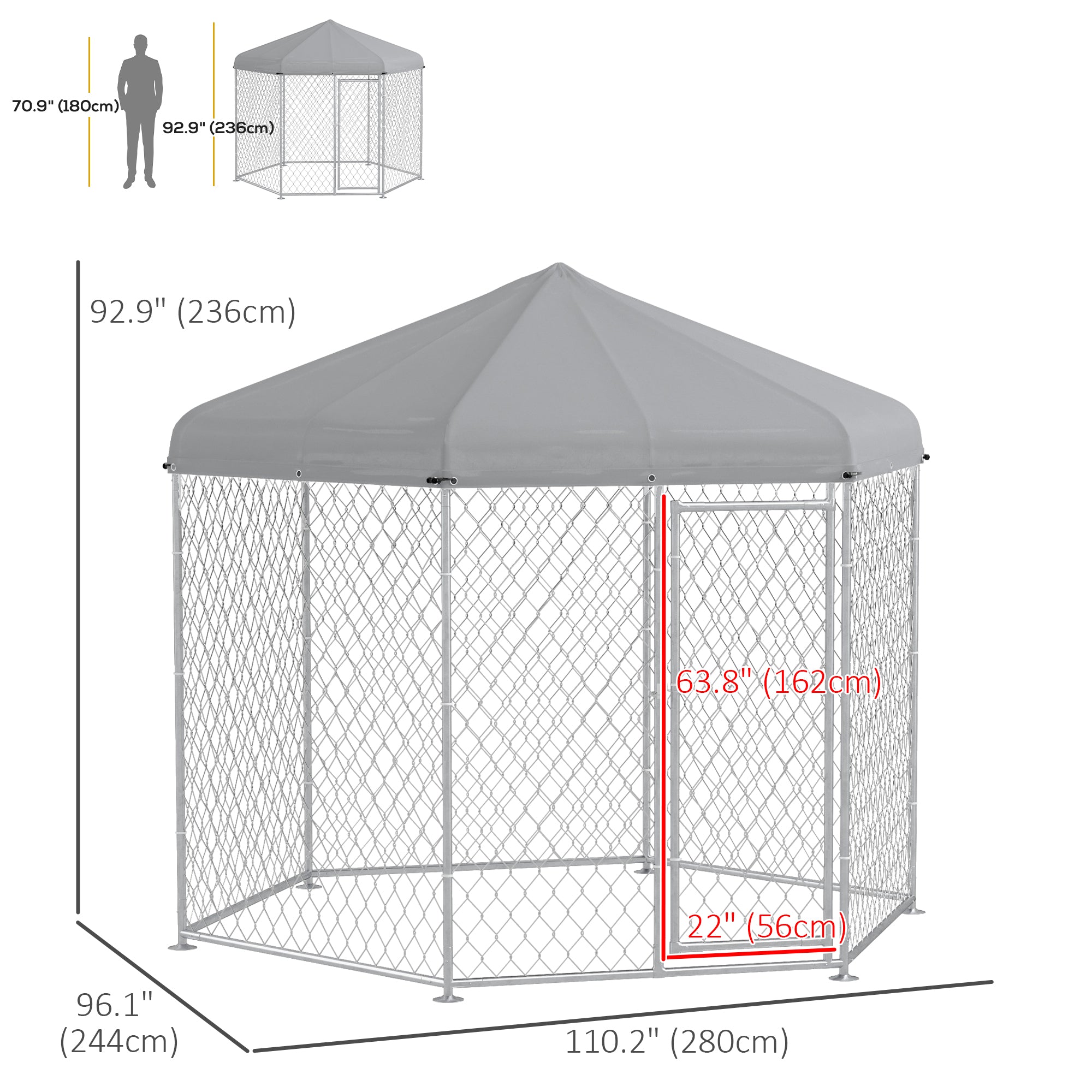 Outdoor Dog Kennel Dog Run with Waterproof, UV Resistant Cover for Medium and Large Sized Dogs, 9.2' x 8' x 7.7', Silver
