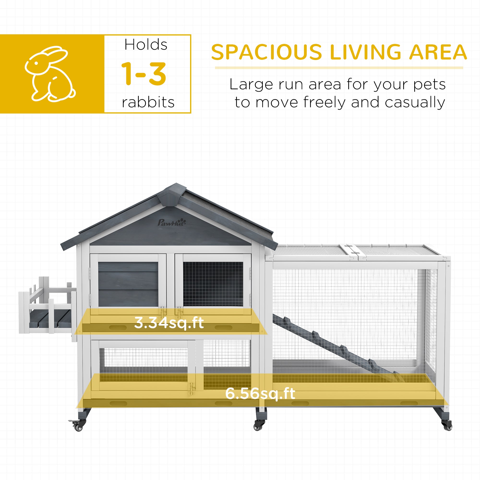 PawHut 65" Wooden Rabbit Hutch, Guinea Pig hutch, Pet Playpen with Openable Roof, Bunny House Enclosure with Wheels, Storage Box, Slide-out Tray, Ramp for Small Animals, Gray